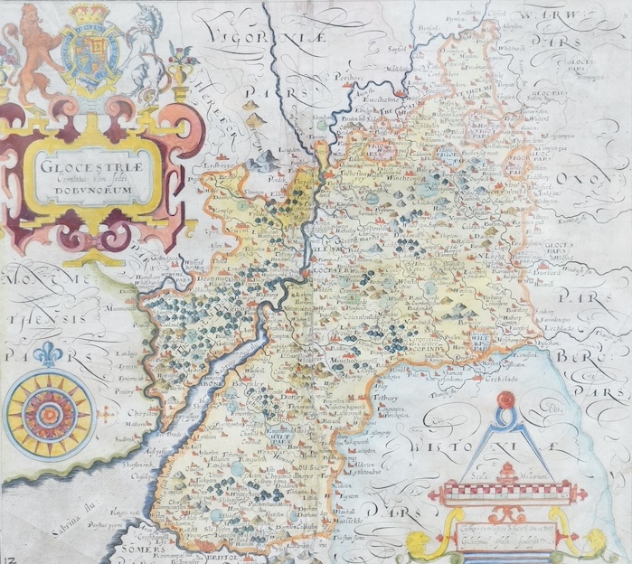Camden’s Britannia, hand coloured engraved map of Gloucestershire, 29 x 31cm. Condition - fair